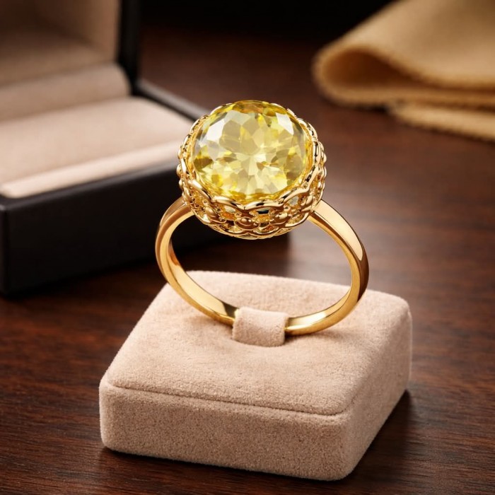 Summer Friday 14.8 carat Genuine Lemon Quartz 18K Gold over .925 Sterling Silver handcrafted ring size 10 - Close-up of lemon quartz ring on display stand, 18K gold setting.