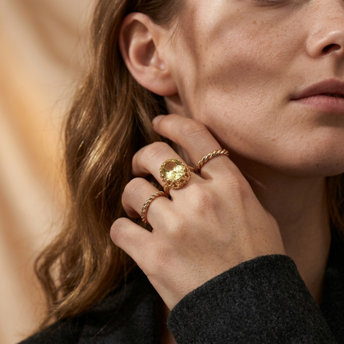 Summer Friday 14.8 carat Genuine Lemon Quartz 18K Gold over .925 Sterling Silver handcrafted ring size 10 - Close-up of 18K gold lemon quartz ring worn on hand