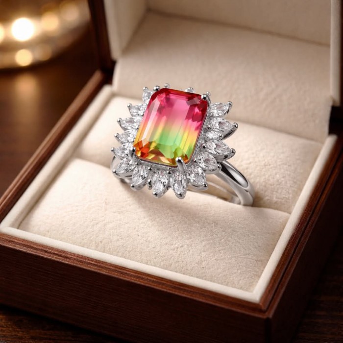Isabella 5.2 carat emerald cut Brazilian Tourmaline .925 Sterling Silver Perfectly handcrafted Statement Ring size 8 - Close-up of Isabella 5.2 carat emerald cut Brazilian Tourmaline ring