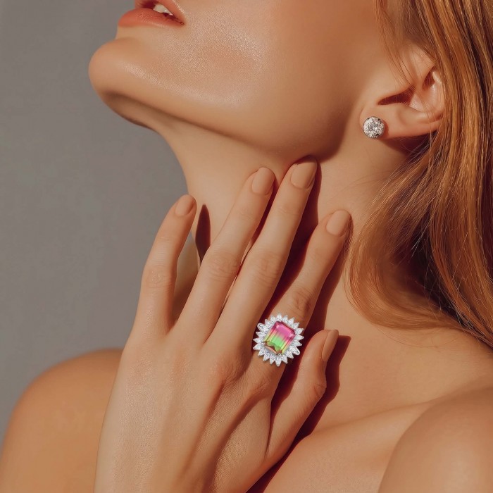 Isabella 5.2 carat emerald cut Brazilian Tourmaline .925 Sterling Silver Perfectly handcrafted Statement Ring size 8 - Woman wearing emerald cut tourmaline ring and stud earring