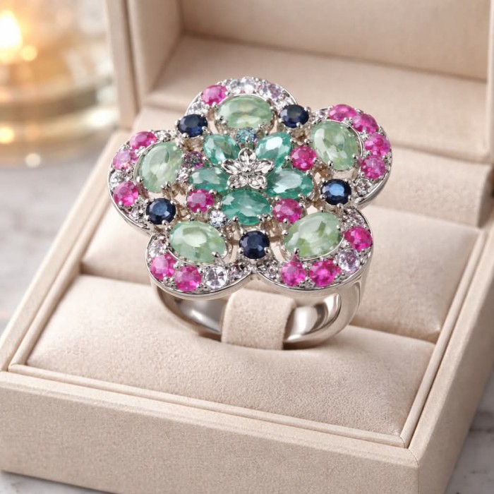 Giovanna - Authentic 17.9 carat COLOMBIAN EMERALD .925 Sterling Silver dipped in rhodium handcrafted Statement Ring size 7 - Close-up of Giovanna ring with colorful gems in open box.