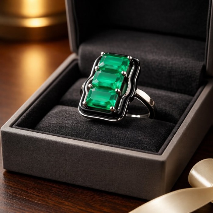 Art Deco 8.2 carat Colombian Emerald .925 Sterling Silver handcrafted Ring size 8 - Top view of Art Deco ring with Colombian emerald stones in box