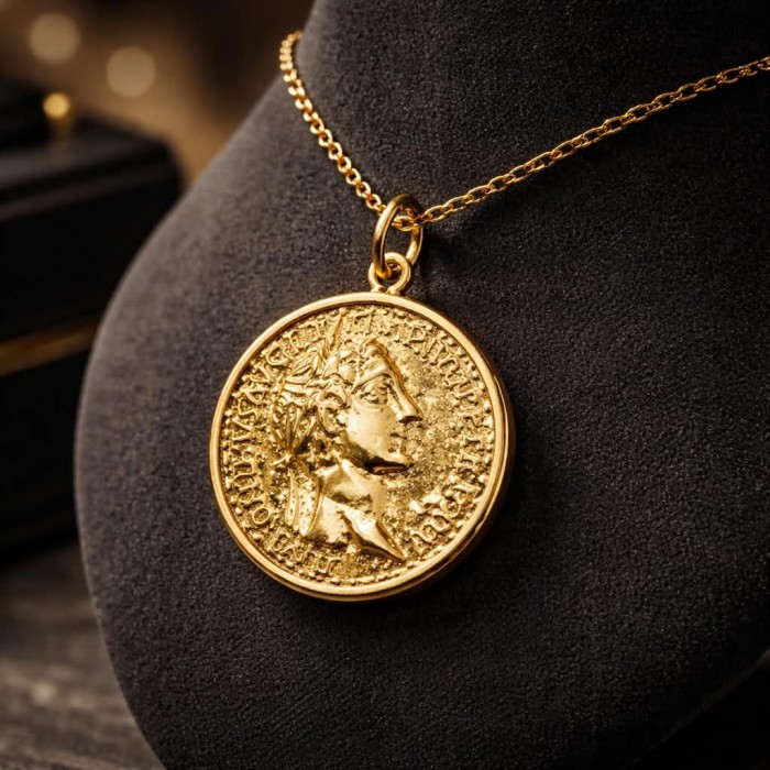Ave Caesar - Vintage Style Coin .925 Sterling silver and plated with 14K Gold handcrafted pendant - Front view of Ave Caesar vintage style coin necklace on display bust.