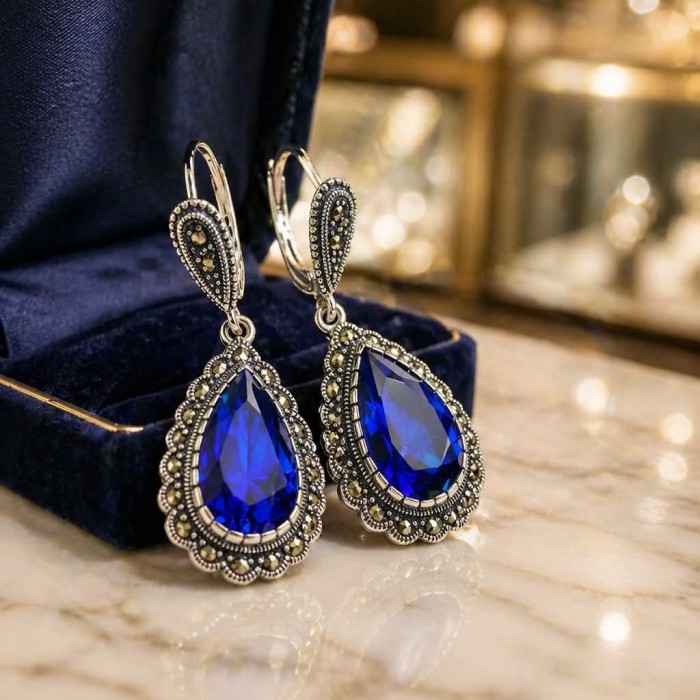Julietta 15.5 carat London Blue Topaz Marcasite .925 Sterling Silver handmade Statement earrings - Elegant earrings with blue topaz, front view in a velvet box.