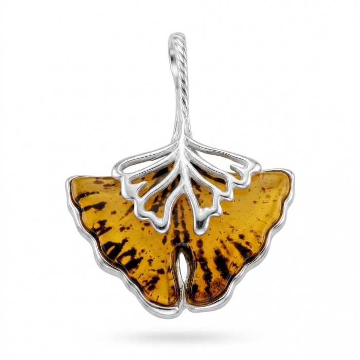 Sea Treasure Prehistoric Authentic Butterscotch Baltic Amber .925 Sterling Silver beautifully handcrafted Pendant - Ginkgo leaf pendant with butterscotch Baltic amber front view.