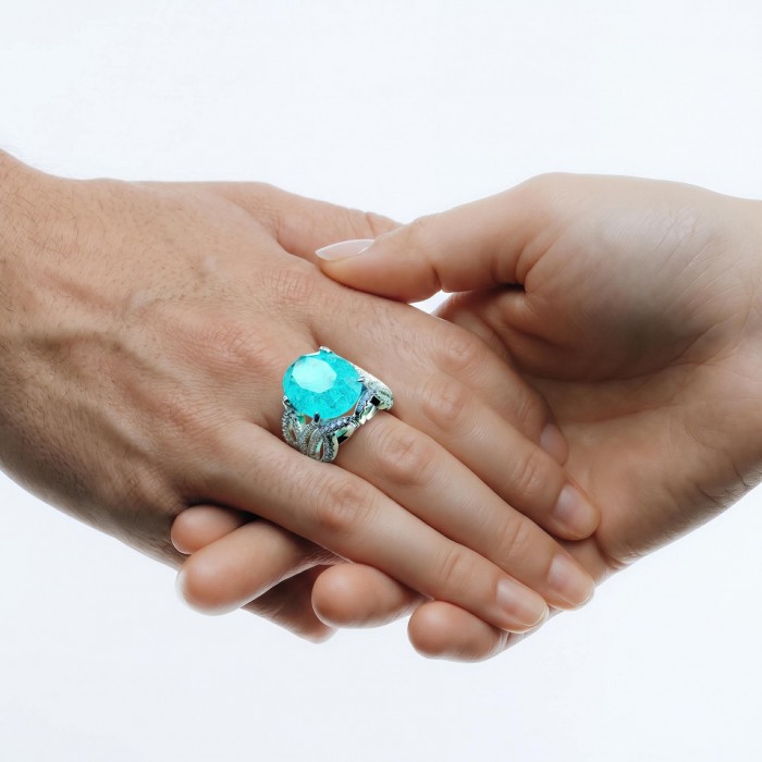 Ocean 14.5 carat Paraiba Tourmaline .925 Sterling Silver Handcrafted Ring size 8 1/4 - Ocean Paraiba Tourmaline ring worn on hand, highlighting stone and band.