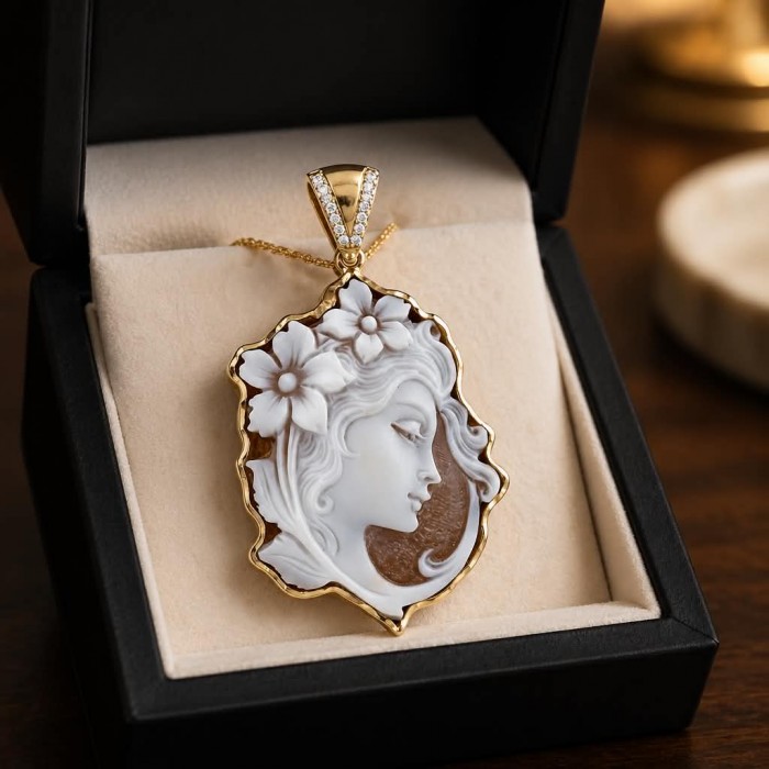 Exquisite vintage style Real Shell Cameo .925 Sterling Silver DIPPED IN 22K Gold handcrafted Made in Italy Statement pendant - Vintage style shell cameo pendant in open jewelry box, front view.