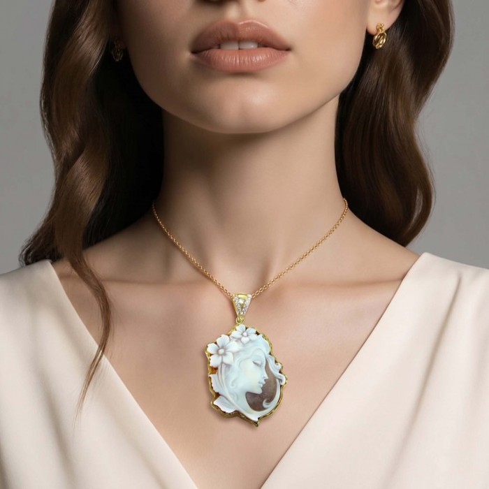 Exquisite vintage style Real Shell Cameo .925 Sterling Silver DIPPED IN 22K Gold handcrafted Made in Italy Statement pendant - Close-up of cameo necklace worn on woman's neck