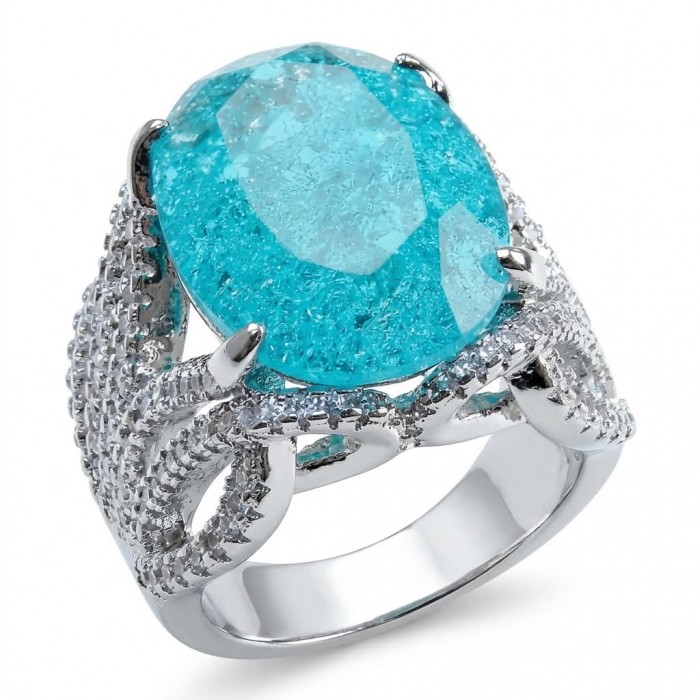 Ocean 14.5 carat Paraiba Tourmaline .925 Sterling Silver Handcrafted Ring size 8 1/4 - Close-up of Ocean Paraiba Tourmaline ring with intricate silver setting