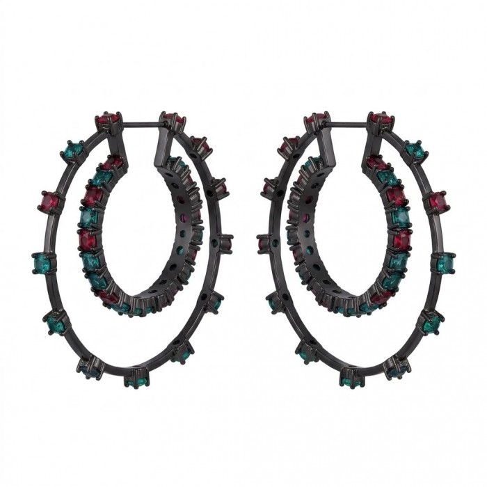 Extravaganza authentic 18.5 carat Pink Tourmaline black rhodium over .925 Sterling Silver Handcrafted Large Hoop Earrings - Hoop earrings with pink tourmaline and teal stones, front view.
