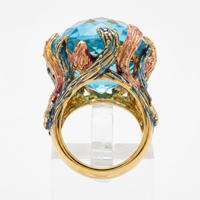 Poseidon 65.3 carat Swiss Blue Topaz ENAMEL .925 Sterling Silver dipped in 18K Gold handcrafted Large ring size 7 - Side view of Poseidon 65.3 carat Swiss Blue Topaz ring with enamel detail.