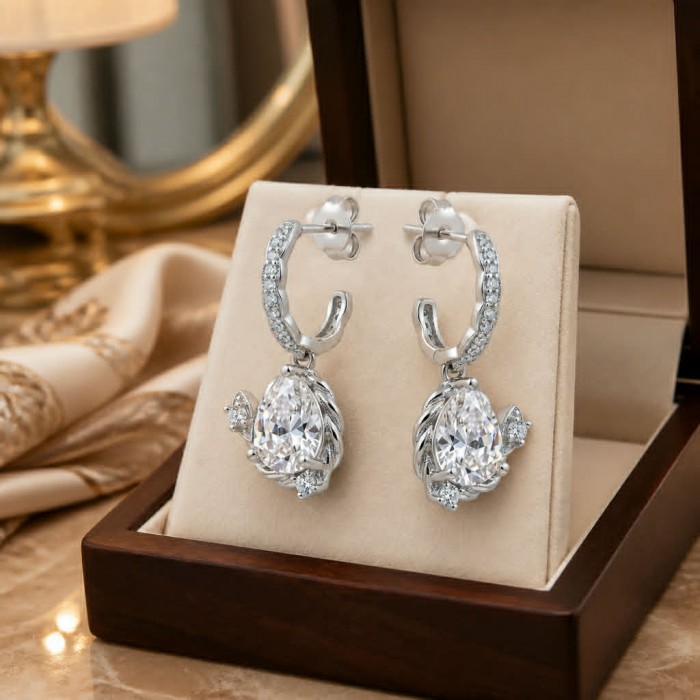 Allure Natural 6.2 carat White Topaz .925 Sterling Silver handcrafted earrings - Close-up of Allure 6.2 carat white topaz earrings in display box.