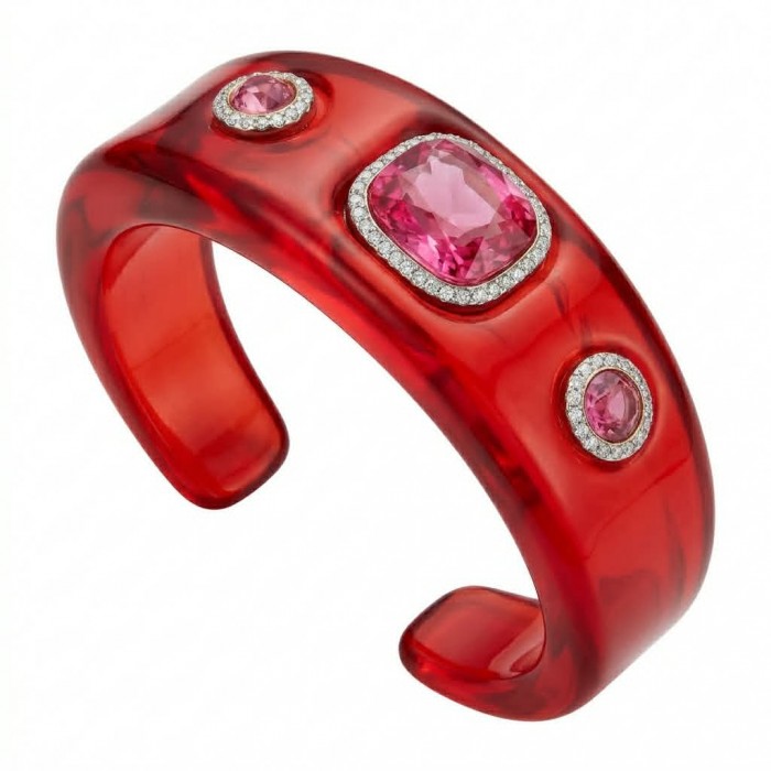 Candy Store - Modern Design Natural Red Raisin Pink Topaz .925 Sterling Silver bracelet - Red resin bangle with pink topaz stones, side view.