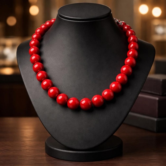 Konstancia Sublime natural Red Fossilized Coral Sterling Silver handmade Necklace - Red coral necklace front view on black display bust.