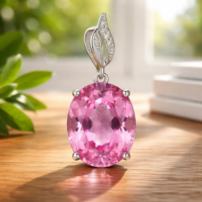 Tiffany - authentic 14.5 carat Pink Topaz .925 Sterling Silver handcrafted Statement pendant - Close-up of pink topaz pendant with sterling silver and diamond accents.
