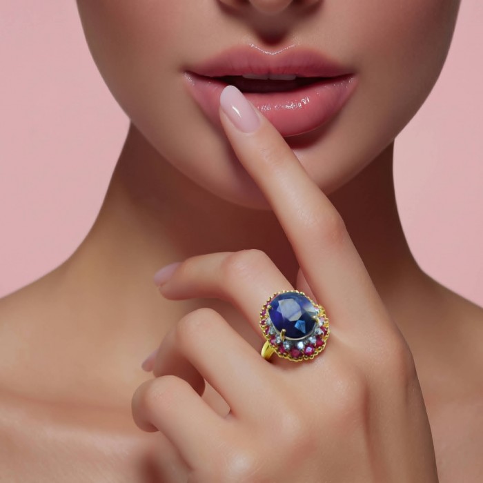 Precious Design oval cut 11.7 CARAT Tanzanite 22K Gold over .925 Sterling Silver Statement Ring s. 7 1/2 - Close-up of Tanzanite ring in 22K gold worn on hand.