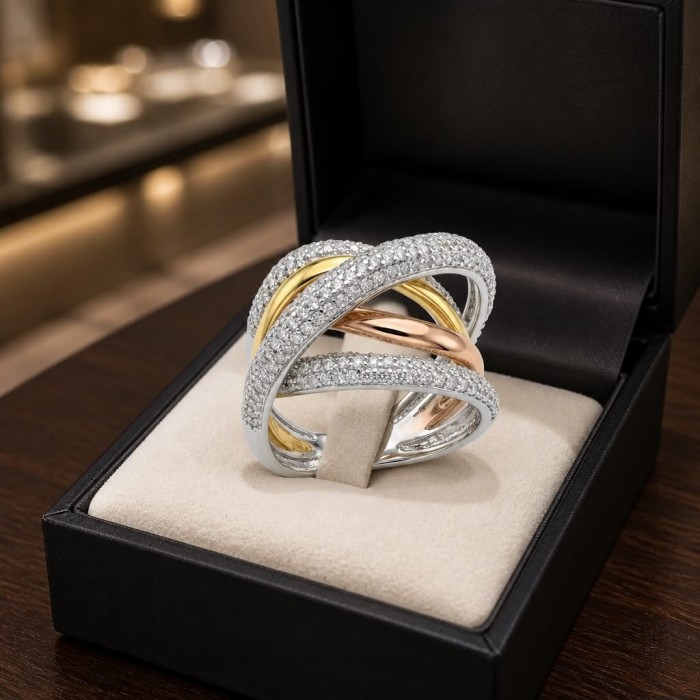Vivien - Natural White Topaz 3 tones .925 Sterling Silver dipped in 18K Gold handmade ring size 8 - Tri-tone sterling silver ring with white topaz, angled view in box