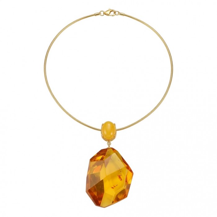 Wonderful Perfection real faceted Elegant Genuine Golden Baltic Amber 22K Gold over .925 Silver handcrafted Necklace - Golden necklace with large faceted pendant, front view.