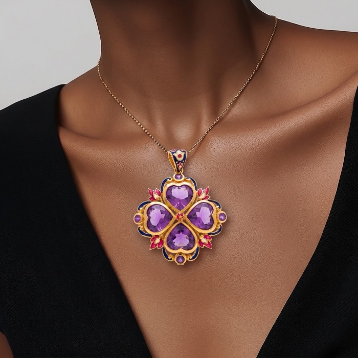 Countless Blessings Genuine 28.5 carat Authentic Amethyst enamel 22K Gold over .925 Sterling Silver handmade Pendant - Amethyst necklace worn, showcasing front view and detailed design.