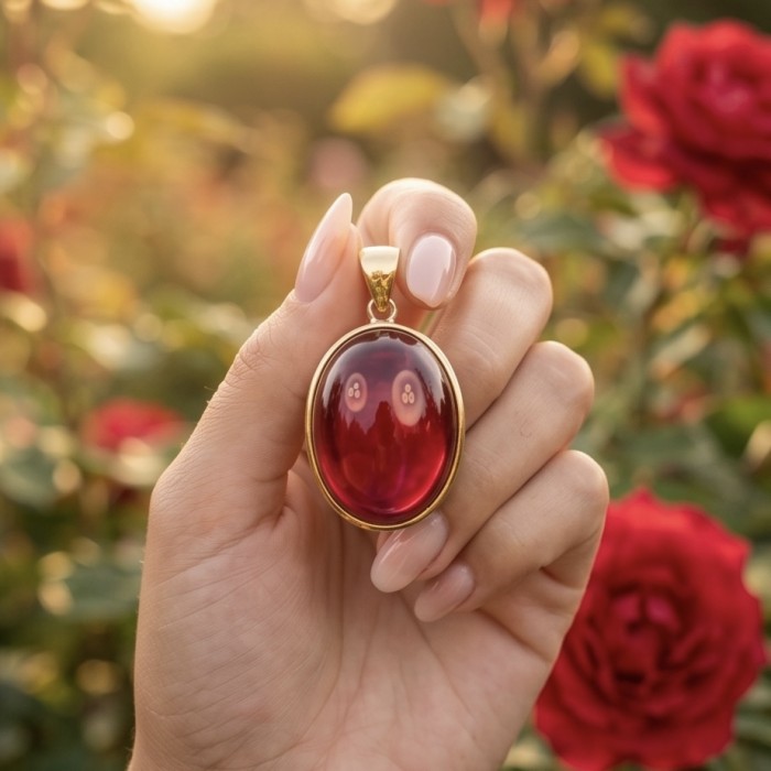 Francesca - authentic 29.5 carat Star Ruby 22K Gold over .925 Sterling Silver handcrafted Pendant - Close-up of Francesca 29.5 ct Star Ruby pendant in hand, roses in background.