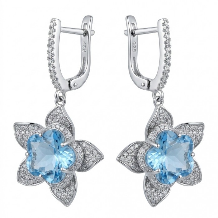 Forget -Me- Not flower 10.5 carat genuine Swiss Blue Topaz .925 Sterling Silver handmade Statement earrings - Forget-Me-Not earrings with Swiss Blue Topaz, front view, stone detail.