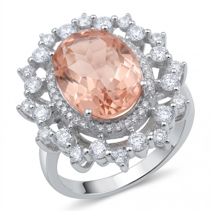 Authentic oval cut 9.2 carat Morganite 14K White Gold over .925 Sterling Silver ring s. 8 1/4 - Close-up of oval cut Morganite ring with diamond accents in white gold.