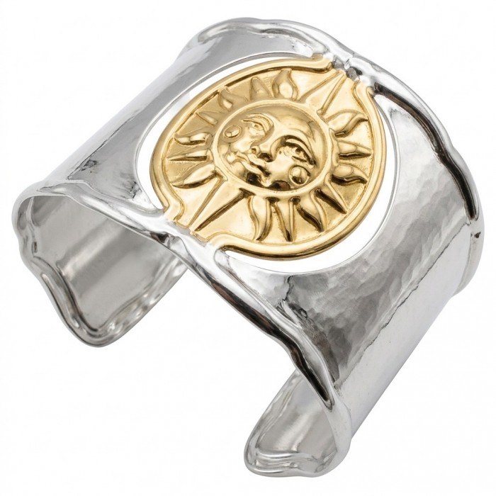 Renewal - Byzantine design 14K Gold over .925 Sterling Silver handcrafted Bracelet / Cuff - Gold sun design silver cuff bracelet, side view