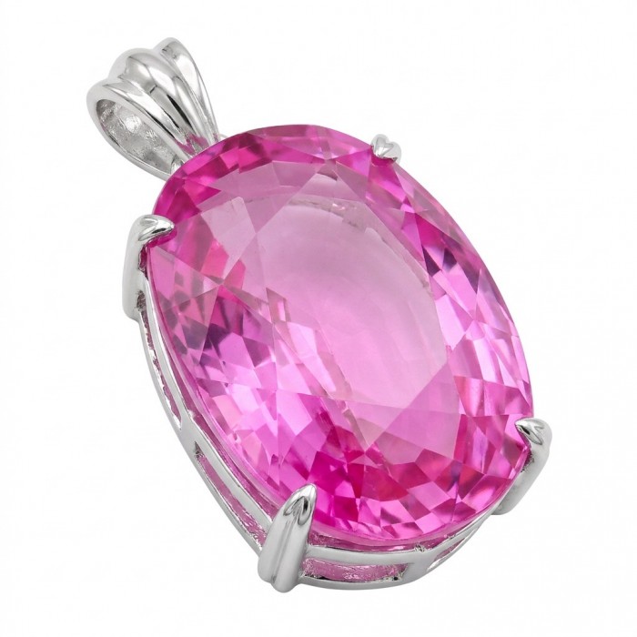 Oval cut 28.8 carat Bubblegum Pink Sapphire from Madagascar .925 Sterling Silver handcrafted pendant - Close-up of oval cut 28.8 carat bubblegum pink sapphire pendant