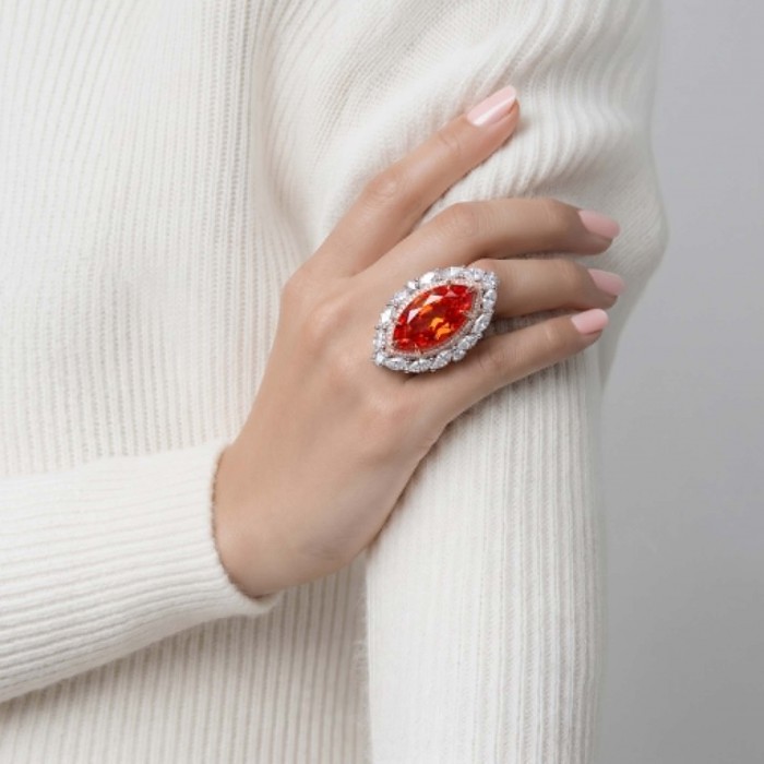 Leonor - Incredible 30.5 carat Spessartine Garnet .925 Sterling Silver dipped in rhodium brilliantly handcrafted large Statement Ring size 7 - photo 1