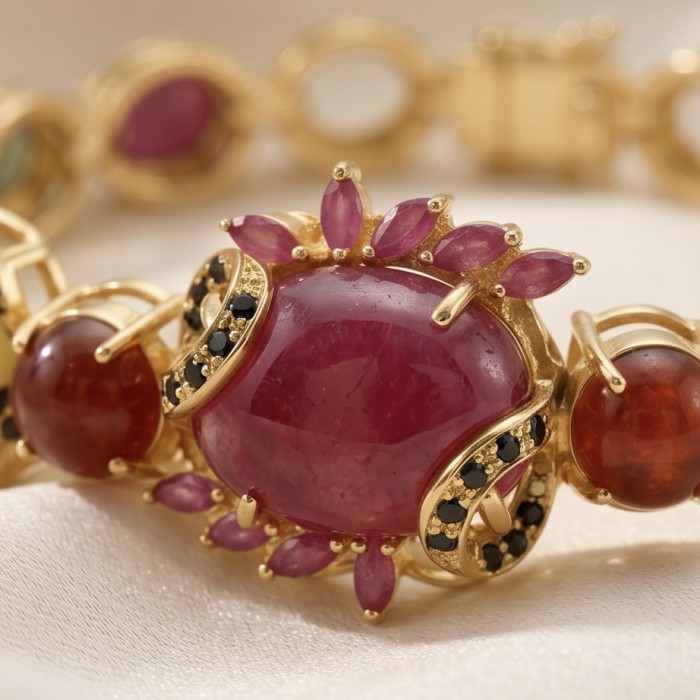 Mademoiselle 41.2 carat Mozambique Ruby Golden Sapphire .925 Sterling Silver dipped in 18K Gold Statement bracelet - Close-up of Mademoiselle 41.2 carat Mozambique Ruby in gold setting