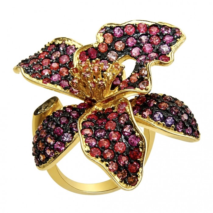 Red Lotus Natural pave 8.2 carat Ruby .925 Sterling Silver dipped IN 18k Gold handmade Statement Ring size 6 adjustable - Golden flower-shaped ring with red stones, top view.