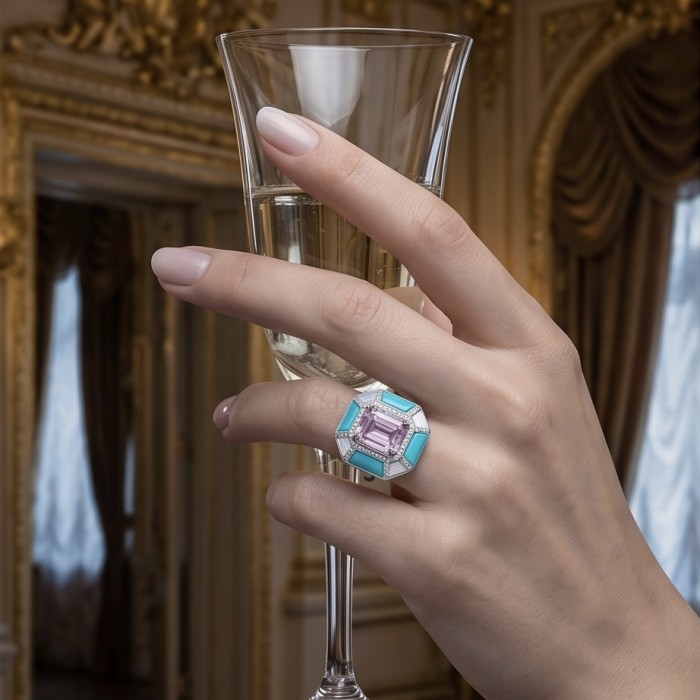 Emily - Art Deco -Precious genuine 10.2 carat Kunzite inlay Turquoise .925 Sterling Silver handcrafte Cocktail Ring s. 7 1/4 - Art Deco Kunzite ring worn on hand holding champagne glass