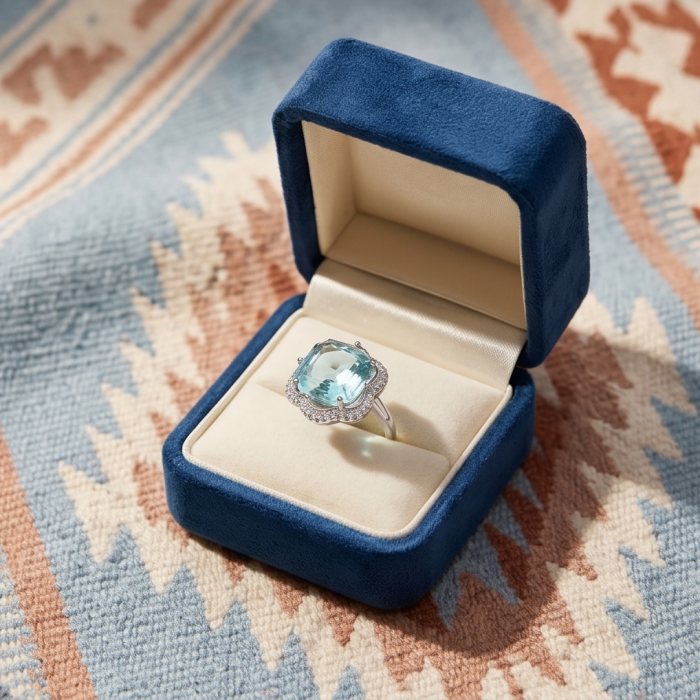 Rare Flower 9.8 carat GREEN GRANDIDIERITE .925 Sterling Silver ring; s. 6 1/4 - Ring in blue box showing large green grandidierite stone and halo setting.
