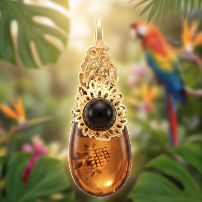 Prehistoric Authentic Baltic Amber 18K Gold over .925 Sterling Silver beautifully handcrafted Pendant - Amber pendant with gold detailing, tropical background.