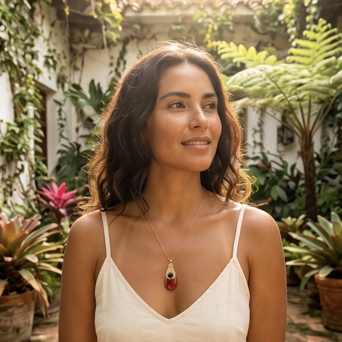 Prehistoric Authentic Baltic Amber 18K Gold over .925 Sterling Silver beautifully handcrafted Pendant - Woman wearing Prehistoric Baltic Amber necklace in garden setting