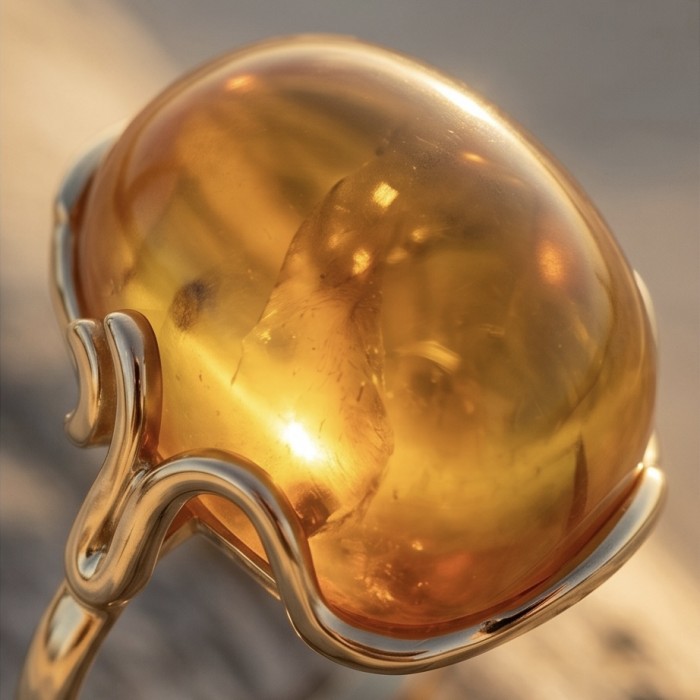 Authentic Golden Butterscotch Baltic Amber 14K Gold over .925 Sterling Silver entirely handcrafted LARGE ring; s. 7 adjustable - Close-up of butterscotch Baltic amber in 14K gold setting.