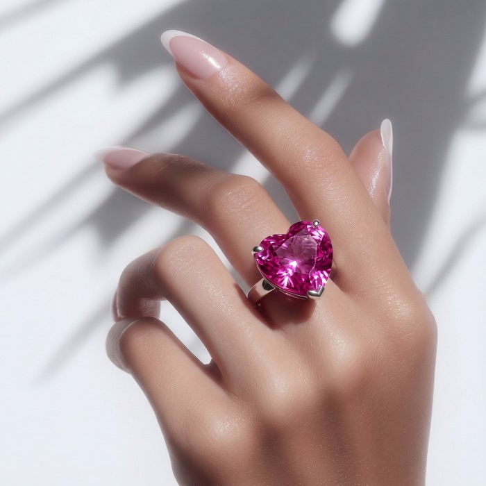 Angel's Heart Luxurious 19.8 carat Pink Sapphire .925 Silver handcrafted Cocktail Ring s. 7 3/4 - Hand wearing heart-shaped pink sapphire ring with manicured nails.