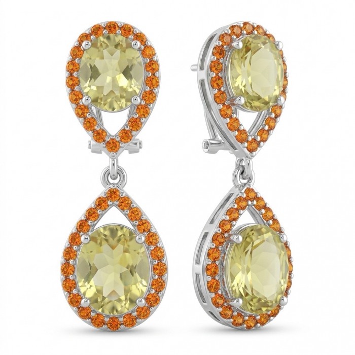 Fiesta Authentic 12.5 carat Brazilain Citrine .925 Sterling Silver dipped in Rhodium over brilliantly handcrafted earrings - Close-up of Fiesta earrings with citrine and orange stones.