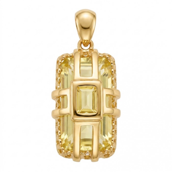 Emerald cut 10.3 carat Lemon Quartz 18K Gold over .925 Sterling Silver handcrafted pendant - Front view of emerald cut lemon quartz pendant, 18K gold over sterling silver.
