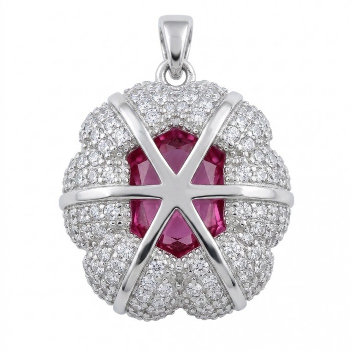 Oval cut 15.8 carat Bubblegum Pink Sapphire from Madagascar .925 Sterling Silver handcrafted pendant - Pendant featuring bubblegum pink sapphire and diamonds, front view.