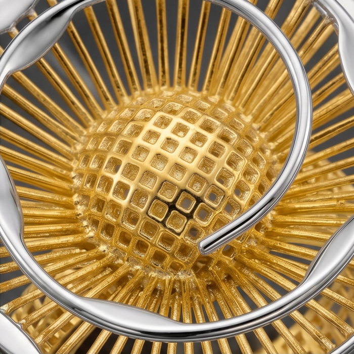 Dubai Style - .925 Sterling Silver dipped in 22K Gold handmade Large ring size 7 - Close-up of intricate gold and silver detail on Dubai style jewelry piece.