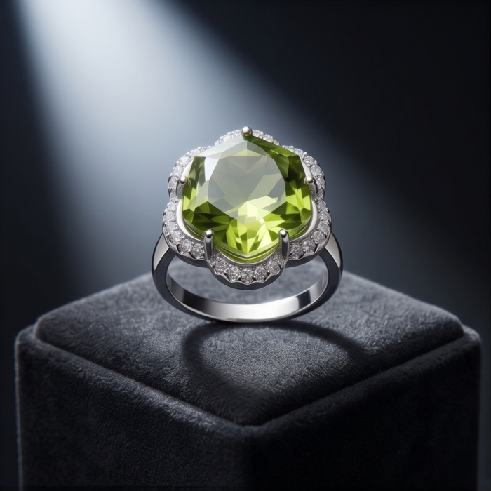 Royalty 9.9 carat authentic Himalayan Peridot .925 Sterling Silver Handcrafted Statement Ring size 7 - Close-up of Himalayan Peridot ring on a display stand in spotlight.