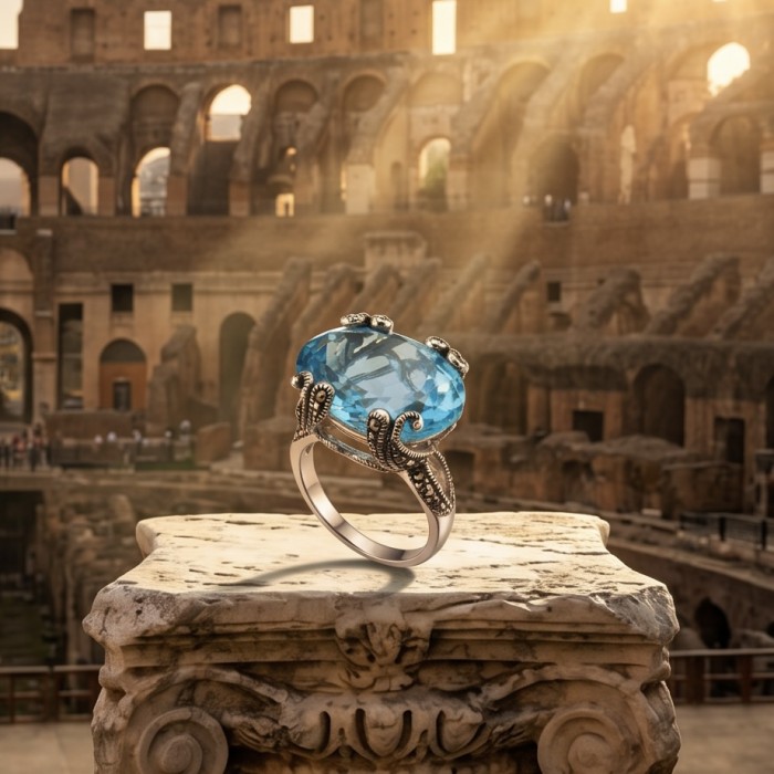 Mesmerizing 22.8 carat Aquamarine rhodium over .925 Sterling Silver handcrafted Large ring size 8 - Aquamarine ring close-up with Colosseum background.