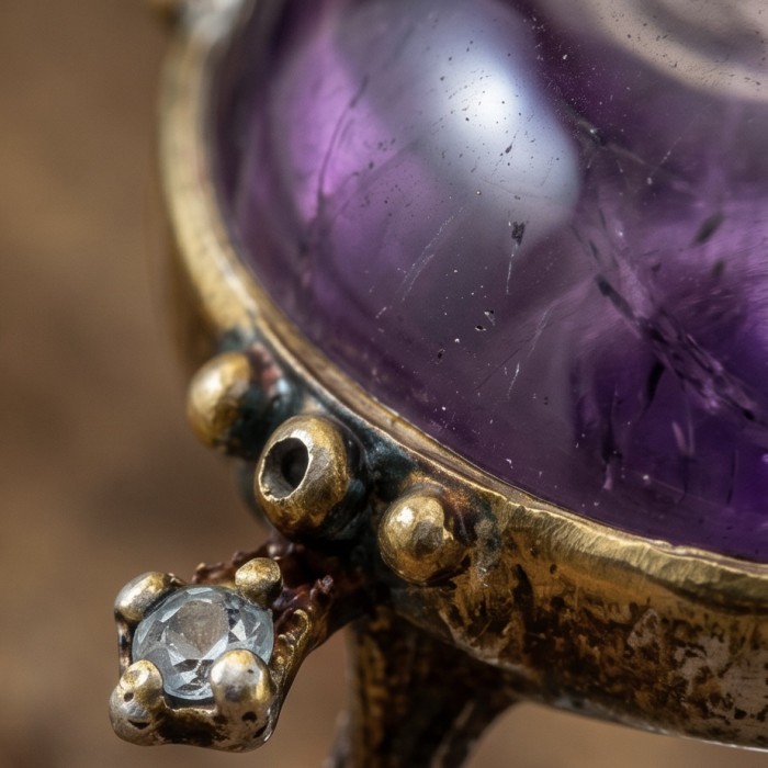 Vintage Beauty - highly protective 27.5 carat Amethyst .925 Sterling Silver dipped in 18K Gold Handcrafted Large Ring size 9 - Close-up of amethyst stone with gold and diamond setting detail