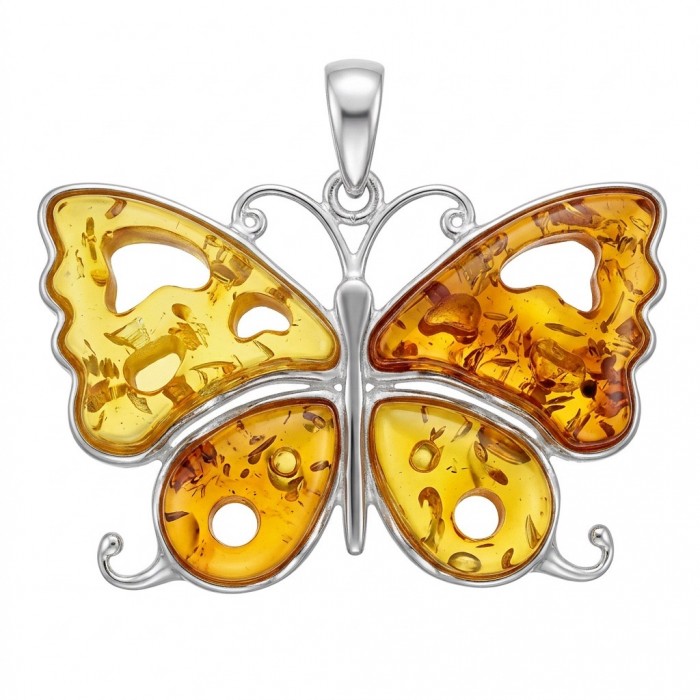 Golden Butterfly Authentic carved Baltic Amber .925 Sterling Silver handcrafted pendant - Butterfly pendant with carved Baltic amber, front view.