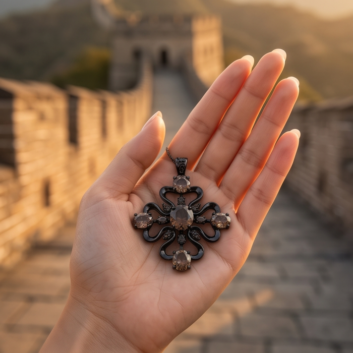 Conqueror Authentic 9.5 carat carved 10.8 CARAT Smoky Topaz black rhodium over .925 Sterling Silver handmade Statement Pendant - Hand holding Conqueror 9.5 carat carved smoky topaz on Great Wall backdrop.