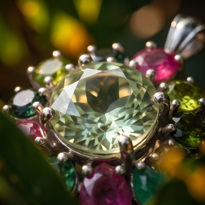 Colors of the Earth Precious 18.5 carat Green Amethyst .925 Sterling Silver dipped in rhodium Pendant - Stone close-up of 18.5 carat green amethyst with colorful accents