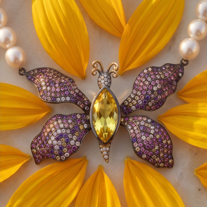 Incredible Butterfly 15.8 Lemon Quarzt Freshwater Pearl 18K Gold over .925 Sterling Silver handmade Large Statement Necklace - Butterfly pendant close-up with lemon quartz and pearls, surrounded by petals.