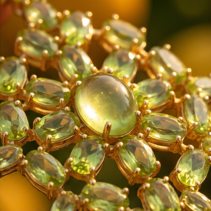 Alessia authentic 41.9 carat Brazilian Peridot 22K Gold over .925 Sterling Silver handmade Large Statement earrings - Close-up of Brazilian Peridot in 22K gold setting.