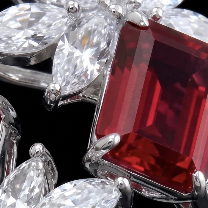 Giovanna - Authentic 8.9 carat Ruby .925 Sterling Silver dipped in rhodium handcrafted Statement Ring size 8 - Stone close-up of Giovanna 8.9 carat Ruby in .925 Sterling Silver dip